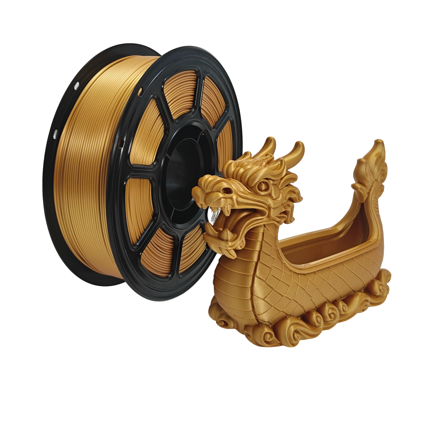 PLA Silk Dark Gold- A warm, luxurious gold with a true metallic shimmer — closer to real gold leaf than any standard yellow PLA. Catches light beautifully across curves and layer lines.