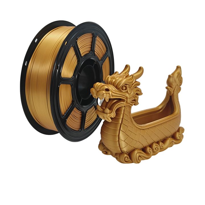 Gold 3D printer filament spool with a 3D printed golden dragon boat model